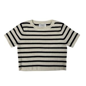 ZARA Girls Ribbed Striped Knit Tee | Size 11/12 | Black & Cream Chi